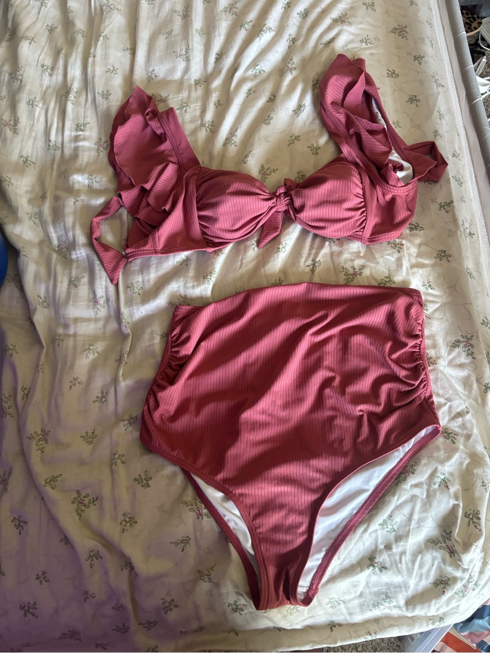 Women's High-Waist Ribbed Bikini Set in Dusty Rose